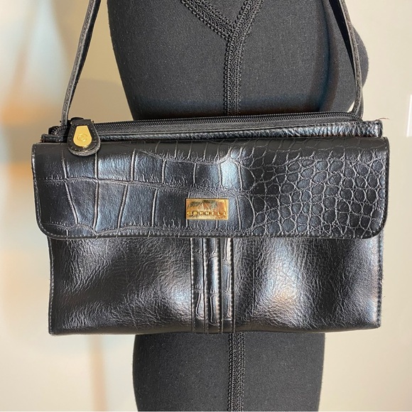 CORNELL Black Croc Embossed Shoulder Bag Purse Handbag Faux Leather - Picture 3 of 14